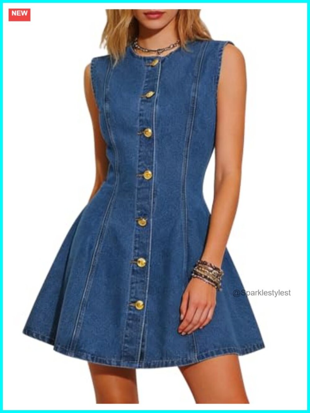 Sleeveless Denim Mini Dress A-Line Button Front Pockets Casual